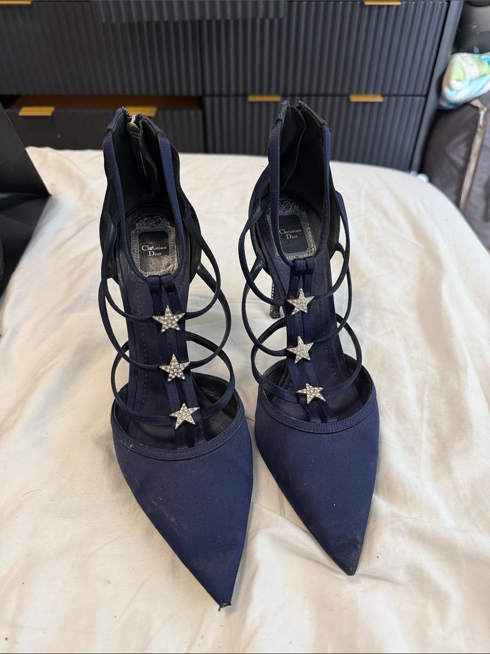 Dior Navy Star Crystal Caged Pointed-Toe Heels